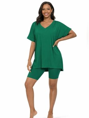 Zenana Green V-Neck Tunic Top and Biker Short Set
